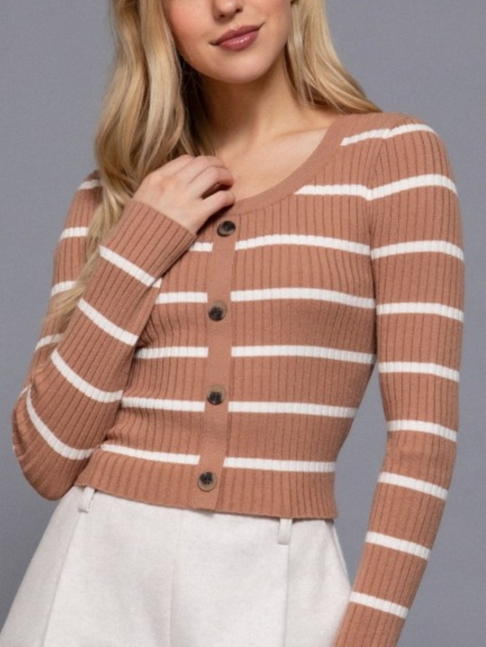 Striped Rib-Knit Button Cardigan Sweater - Mocha & Ivory